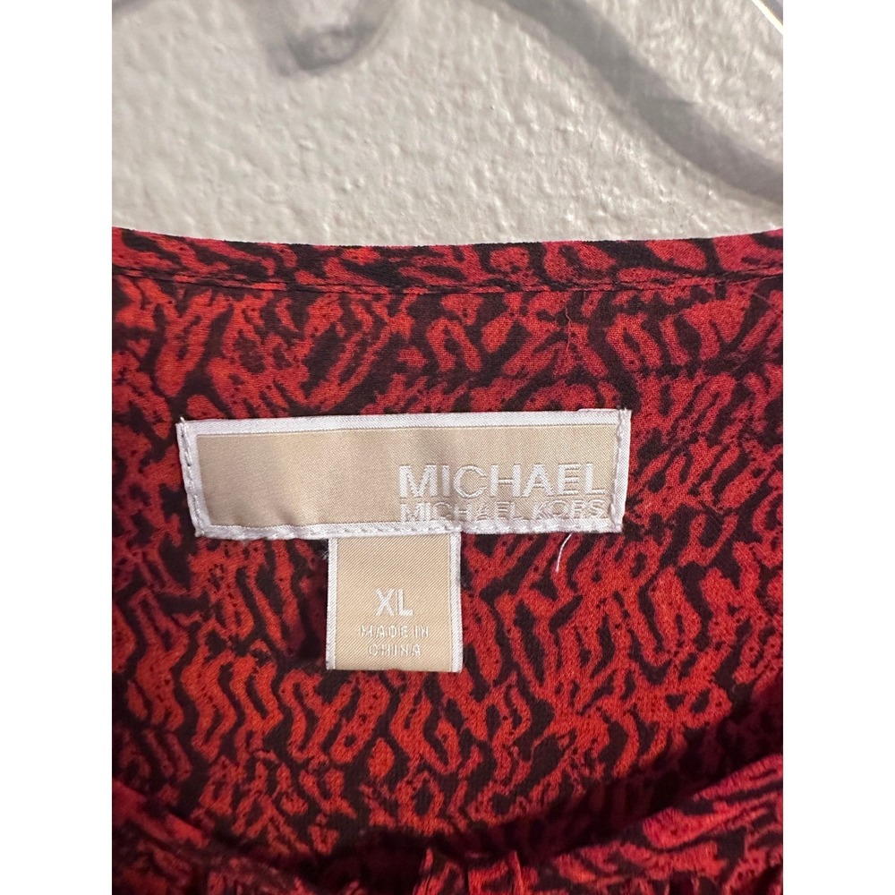Michael Kors Blouse Long Sleeve Keyhole Red Black Print XL - Picture 2 of 5